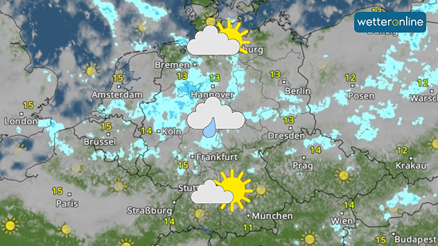WetterRadar zeigt drei Wetterzonen über Deutschland am Nachmittag