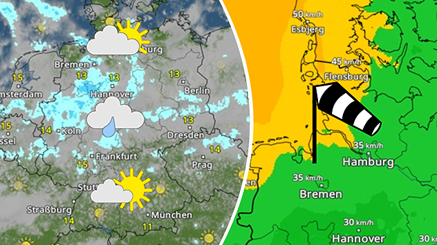 WetterRadar mit drei Wetterzonen über Deutschland am Nachmittag und WindRadar mit kräftigem Wind im Norden