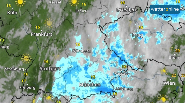 WetterRadar für den Südosten Deutschlands zeigt Regen