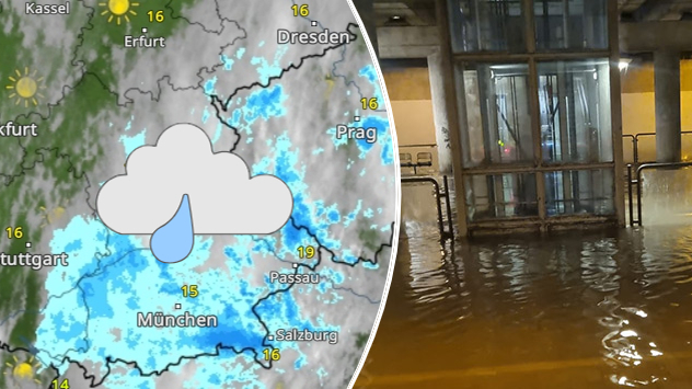 WetterRadar für den Südosten Deutschlands und Foto von Überschwemmungen in Dresden