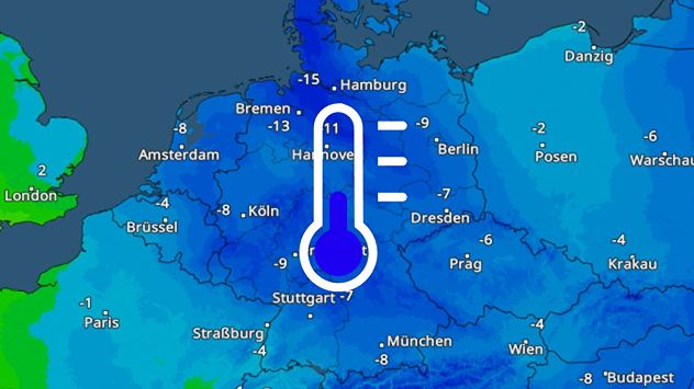 Temperaturkarte von Mitteleuropa mit sehr tiefen Nachtwerten. Große Teile Deutschlands liegen im zweistelligen Minusbereich. Symbolisches Thermometer verdeutlicht extreme Kälte.