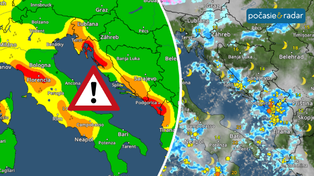 Rozdelená grafika oblasti Jadranu a Balkánu s výstražnou mapou naľavo a satelitno-zrážkovou mapou s početnými búrkami a bleskami napravo, doplnená výstražným symbolom.