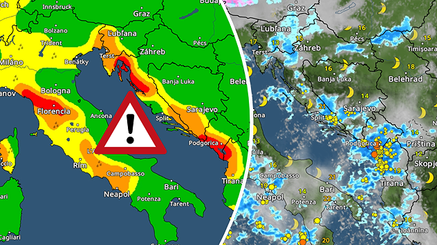 Rozdelená grafika oblasti Jadranu a Balkánu s výstražnou mapou naľavo a satelitno-zrážkovou mapou s početnými búrkami a bleskami napravo, doplnená výstražným symbolom.