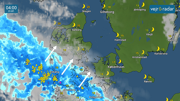 Vejrradarkort over Danmark 21. juli kl. 04 med natklare himmel i øst og kraftig regn med torden på vej ind fra sydvest.