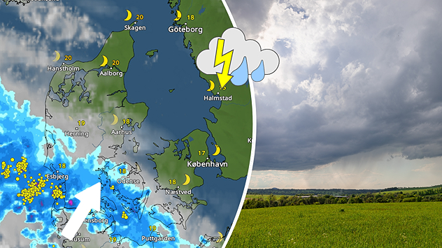 Delt billede med Vejrradarkort over Danmark 21. juli kl. 04 med kraftig regn med torden på vej ind fra sydvest og til højre et billede af en mørk himmel.