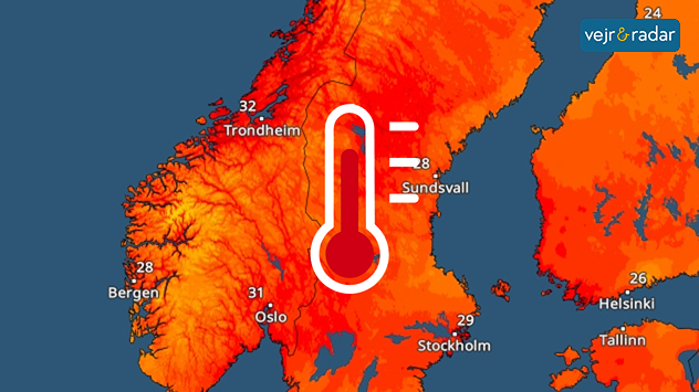 TemperaturRadaren viser høje temperaturer på +30 grader i store dele af Skandinavien.