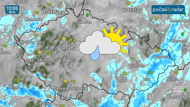 Meteoradar, screenshot, 6. 10. 12:05: Pondělní počasí se v Česku nese v duchu převládající velké oblačnosti, kterou místy – zejména v horských oblastech – doprovází občasný déšť. Naopak v závětří hor, v českém vnitrozemí, dochází častěji k částečnému protrhávání oblačnosti. Nejvyšší denní teploty na většině území v pondělí dosáhnou 10 až 15 °C.