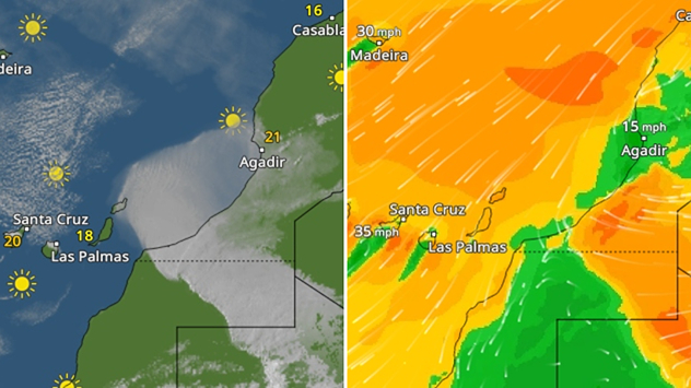Left: Weather radar from Monday evening – Right: The corresponding wind radar