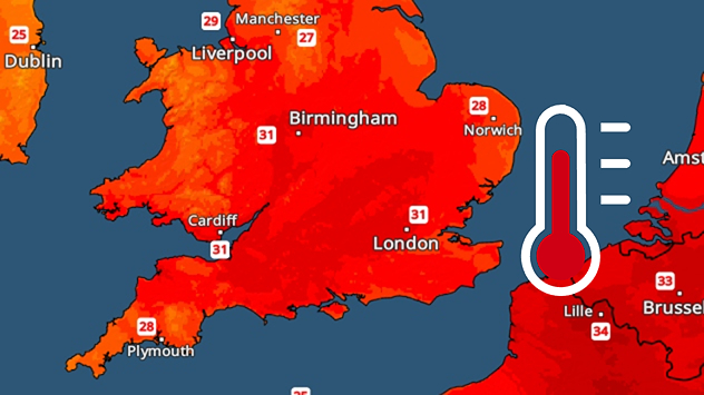 Temperature map showing Engand and Wales with a red thermometer. Map is widely red, indicating hot temperatures. Highs of 31 degrees in London, Cardiff, and Birmingham are visible.