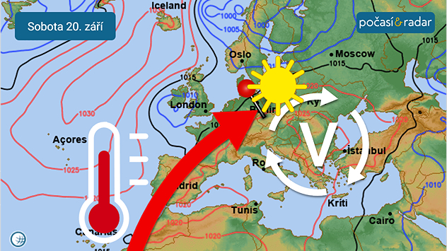 Předpověď synoptické situace nad Evropou na sobotu 20. září: Česko se na závěr tohoto týdne ocitne ve velmi teplém jihozápadním proudění.