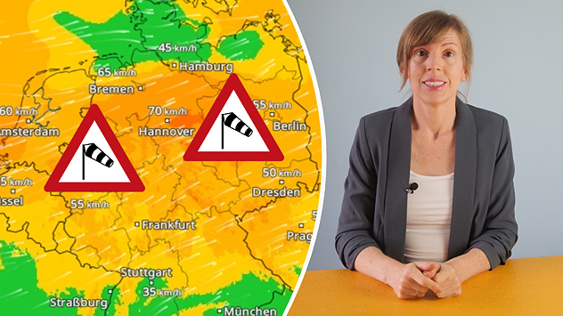 Zu sehen ist eine Wettergrafik für Deutschland mit kräftigem Wind. Mehrere Windgeschwindigkeiten zwischen etwa 45 und 70 km/h sind eingezeichnet. Zwei Warnschilder mit Windsack-Symbol weisen auf stürmische Böen hin. Rechts daneben sitzt eine Wettermoderatorin an einem Tisch.