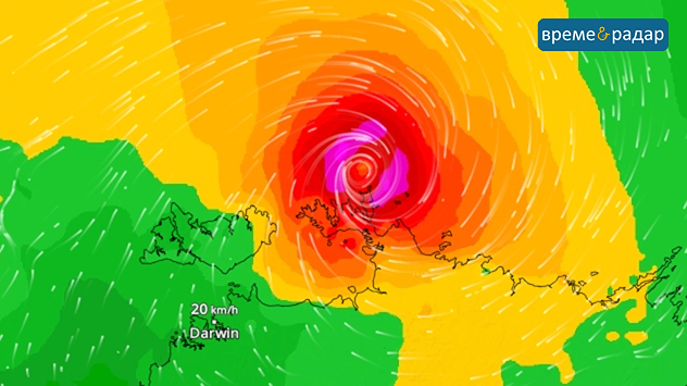 Сателитна карта показва циклон пред северното крайбрежие на Австралия с ветрови полета около окото.