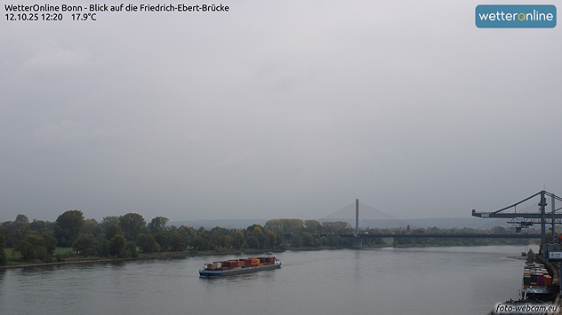 Das Bild zeigt den Rhein in Bonn mit der Friedrich-Ebert-Brücke im Hintergrund. Bei grauem Himmel fährt ein Frachtschiff über den Fluss, die Temperatur beträgt 17,9 °C.