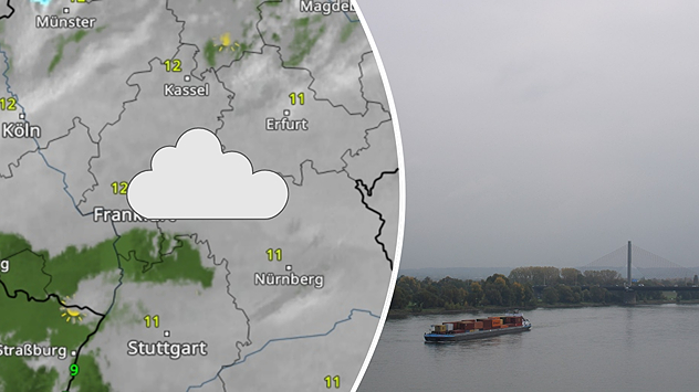 Links zeigt die Wetterkarte graues und kühles Wetter mit rund 11 Grad in Süd- und Mitteldeutschland. Rechts ist der Rhein in Bonn mit einem Frachtschiff unter bedecktem Himmel zu sehen.