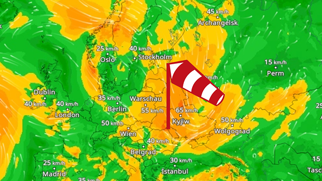 Karte von Europa mit Windgeschwindigkeiten in Farben dargestellt. Ein Windsack markiert starken Wind über der Ukraine. Zahlen geben die Windstärken in km/h an.