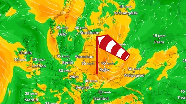 Karte von Europa mit Windgeschwindigkeiten in Farben dargestellt. Ein Windsack markiert starken Wind über der Ukraine. Zahlen geben die Windstärken in km/h an.