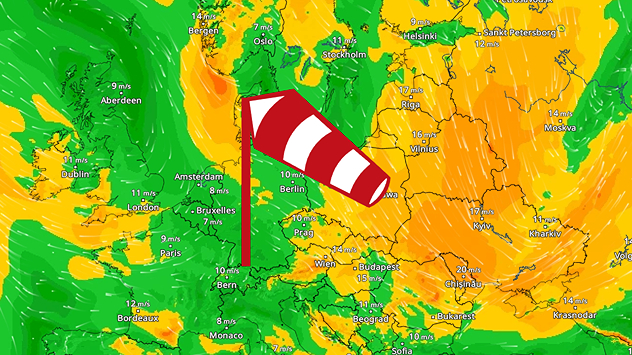 VindRadar over Europa med kraftig vind og vindretning vist med vindpose og høje vindhastigheder.