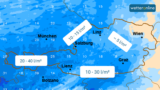 Eine Österreichkarte zeigt die Regenmengen bis Freitagabend. Im Westen fallen 20 bis 40 Liter pro Quadratmeter, im Süden 10 bis 30 Liter, im Innviertel und Flachgau 10 bis 15 Liter und vom Waldviertel bis in die Obersteiermark rund 5 Liter.