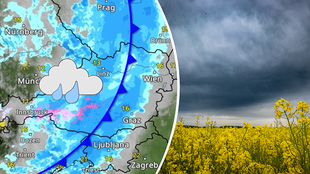 Links: Eine Wetterkarte von Österreich zeigt ein Regengebiet über der Mitte. Dazu ist eine Kaltfront in Form einer blauen Linie mit Dreiecken eingezeichnet. Rechts: Über einem blühenden Rapsfeld sind dunkle Wolken, die Regen ankündigen.