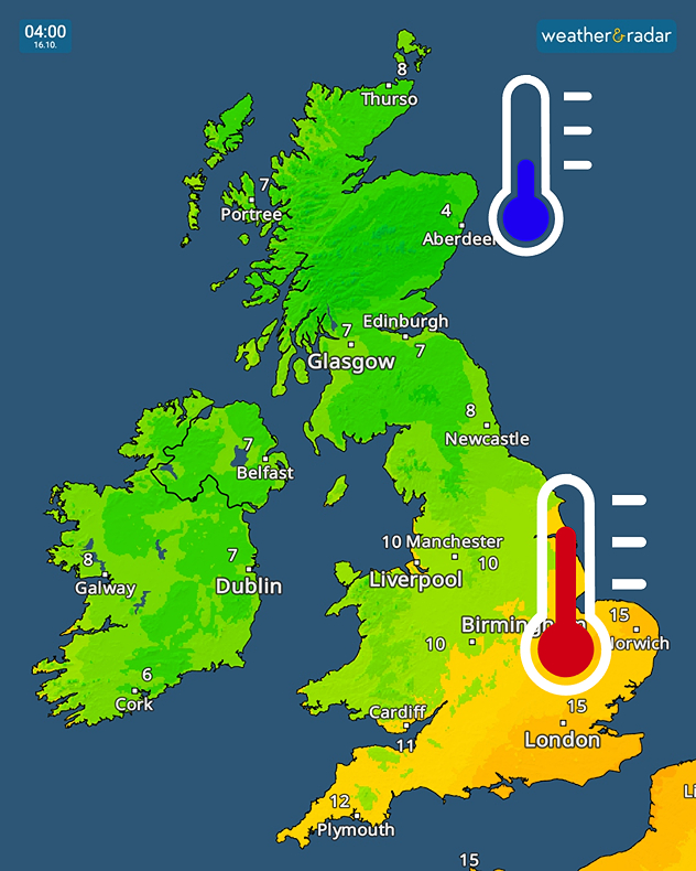 Temperature map at 04:00 am on October 16th showing 4°C in Aberdeen, 7°C in Glasgow and Dublin, and milder 15°C in London and Norwich.