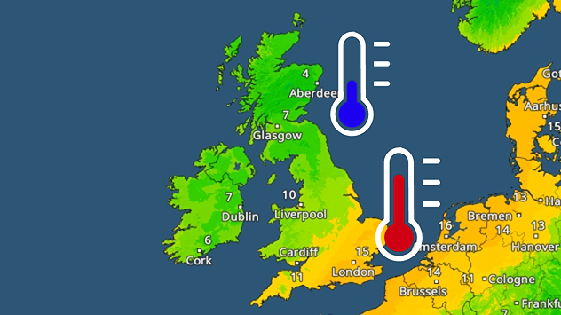 Temperature map showing 4°C near Aberdeen, 7°C in Dublin, 10°C in Liverpool, and 15°C in London, with blue and red thermometer symbols indicating cold and mild areas.