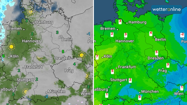 Zweiteilige Wettergrafik für Deutschland mit Bewölkung und Temperaturen links sowie Temperaturverteilung rechts.