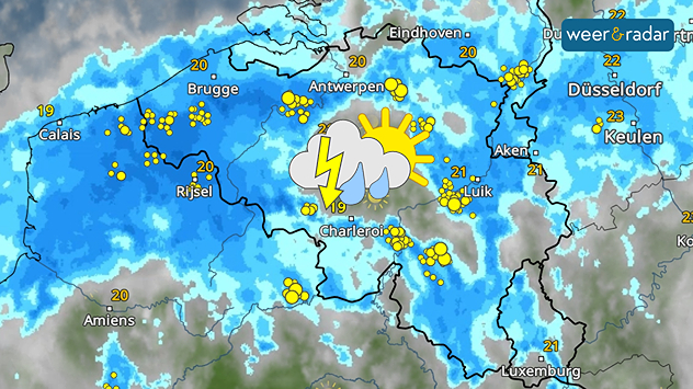 Onweersbuien trekken over België en dat is te zien op de WeerRadar. Een wolk, met onweer en veel regen plus een klein zonnetje is ingetekend boven het midden van het land.