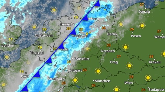 WetterRadar mit Kaltfront und Regen im Westen, Sonne und Wärme im Osten Deutschlands.
