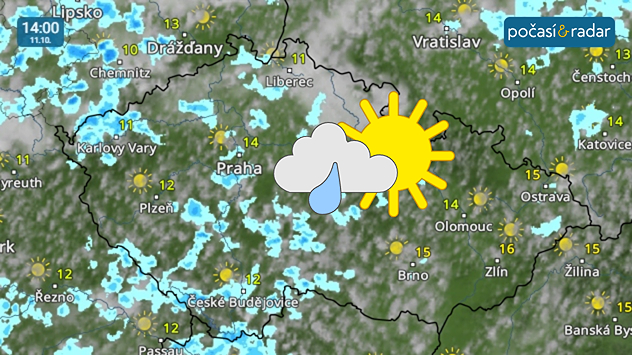Meteoradar, screenshot, 11. října 14:00: V neděli bude nad Českem převládat proměnlivá oblačnost, kterou hlavně v Čechách lokálně doprovodí přeháňky.