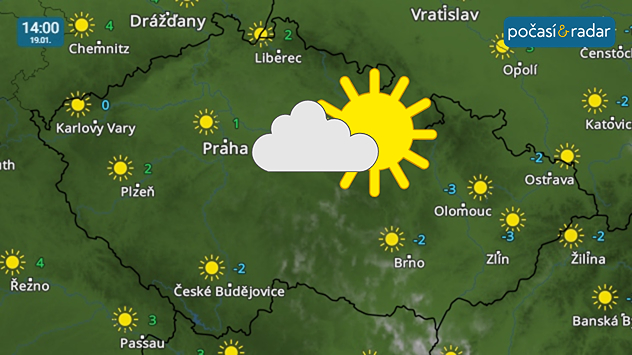 Meteoradar, screenshot, 19. 1. 14:00: Vlivem tlakové výše a suchého jihovýchodního proudění v Česku po velkou část nového týdne zavládne studené, ale slunečné počasí.