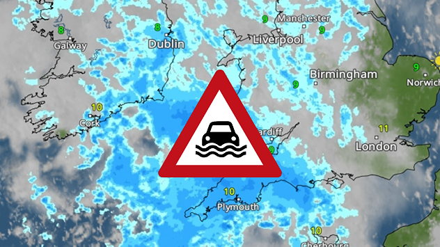 Weather radar map showing widespread heavy rain across southern UK and Ireland in blue, with a central flood warning icon highlighting potential surface water flooding near Wales and southwest England.