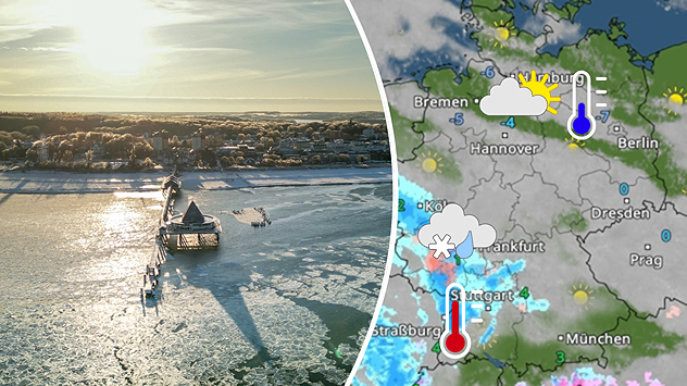 Geteilte Grafik: links eine zunehmend zugefrorene Ostsee bei Heringsdorf, aufgenommen am 2. Februar 2026, rechts eine WetterRadar-Karte mit winterlichen Symbolen und Temperaturanzeigen.