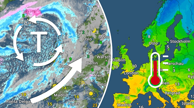 Links zeigt eine Wetterkarte ein Tiefdruckgebiet über dem Atlantik, rechts milde Luft über Europa.