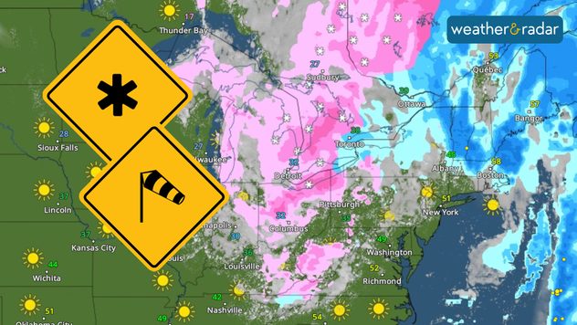 The cold side of the storm system is bringing snow across the Great Lakes, Midwest, and Appalachians.