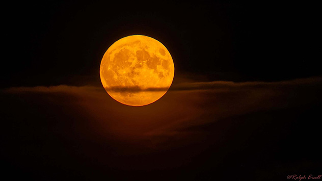 Rötlich leuchtender Vollmond über dem Horizont mit einem schmalen Wolkenband vor der Mondscheibe.