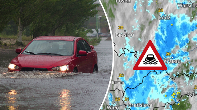 Dvoudílný obrázek: Vlevo červené auto projíždí zaplavenou ulicí, vpravo meteorologický radar s intenzivním deštěm a varováním před povodněmi pro jižní Polsko a Českou republiku.