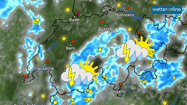 WetterRadar zeigt einige Gewitter über den Schweizer Alpen