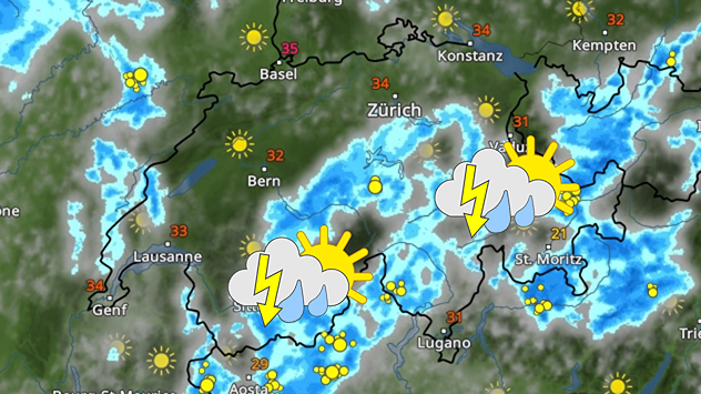 WetterRadar zeigt einige Gewitter über den Schweizer Alpen