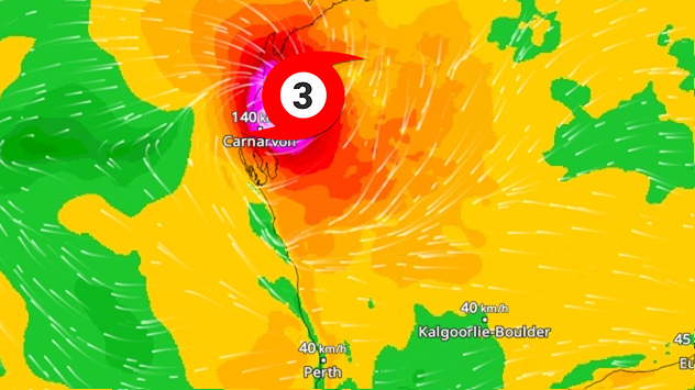 Karte mit Zyklon Narelle vor Westaustralien. Starke Winde bis über 140 km/h nahe Carnarvon. Farben zeigen Intensität und Ausdehnung des Sturms.