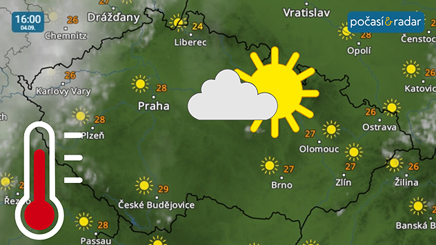 Meteoradar, screenshot, 4. 9. 16:00: Středa a čtvrtek se budou v Česku vyznačovat slunečným a teplým počasím, čtvrteční maxima dosáhnou až k 29 °C.