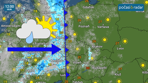 Meteoradar, screenshot, 5. 9. 12:00: V pátek bude přes Česko od západu přecházet studená fronta - ta přinese místy déšť a do dalších dnů také mírné ochlazení.