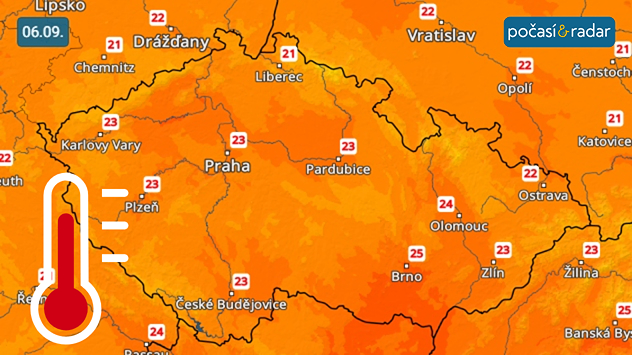 Předpověď maximálních teplot v Česku na sobotu 6. 9. Víkendové teploty budou mírně nižší, například sobotní maxima se budou pohybovat kolem 23 °C.