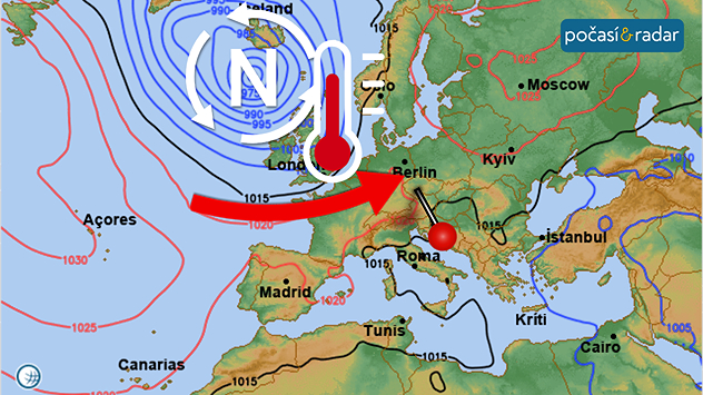Předpověď synoptické situace v Evropě, mapa, středa 10. září. V novém týdnu se Česko postupně ocitne v teplejším jihozápadním proudění.