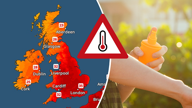 Split graphic showing temperatures up to 35°C in England and 28°C in Ireland beside a person applying sunscreen, with a heat warning symbol highlighting hot weather.