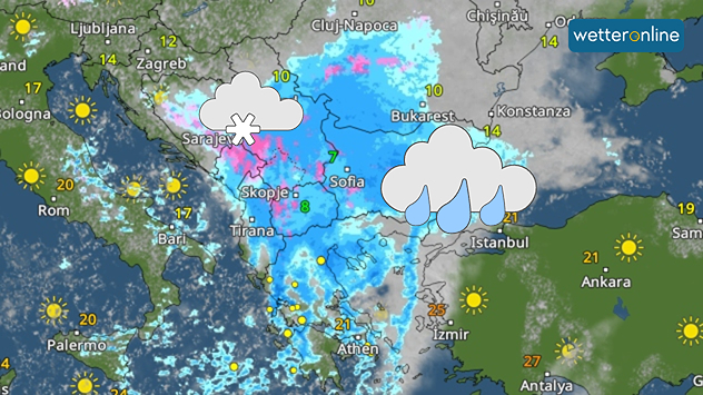 WetterRadar mit Regen- und Schneefall über dem Balkan