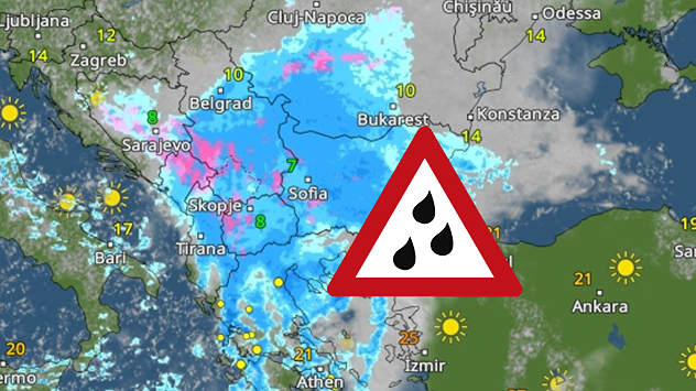 WetterRadar mit Regen- und Schneefeldern, Warnschild mit Regentropfen markiert Gefahr.