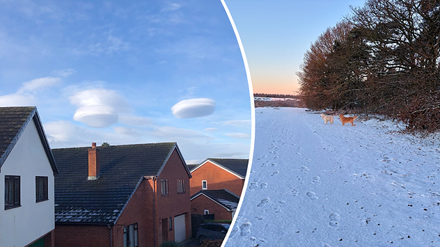 Split image showing suburban rooftops under a blue sky with two smooth, lens-shaped lenticular clouds on the left, and a snow-covered path on the right with footprints, trees lining the edge, and two dogs walking at sunset, divided by a curved white line.
