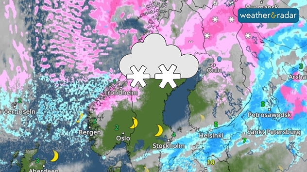 Weather radar of Scandinavia shows snowfall on Thursday.