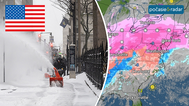 Odpratávanie snehu v meste vedľa meteorologickej mapy so zimnou búrkou nad USA.