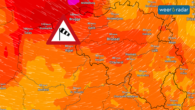 Een uitsnede van België op de WindRadar. Aan zee worden windstoten tot 120 km/u getoond, in het binnenland tot 90 km/u. Een stormsymbool staat boven het westen van België ingetekend.